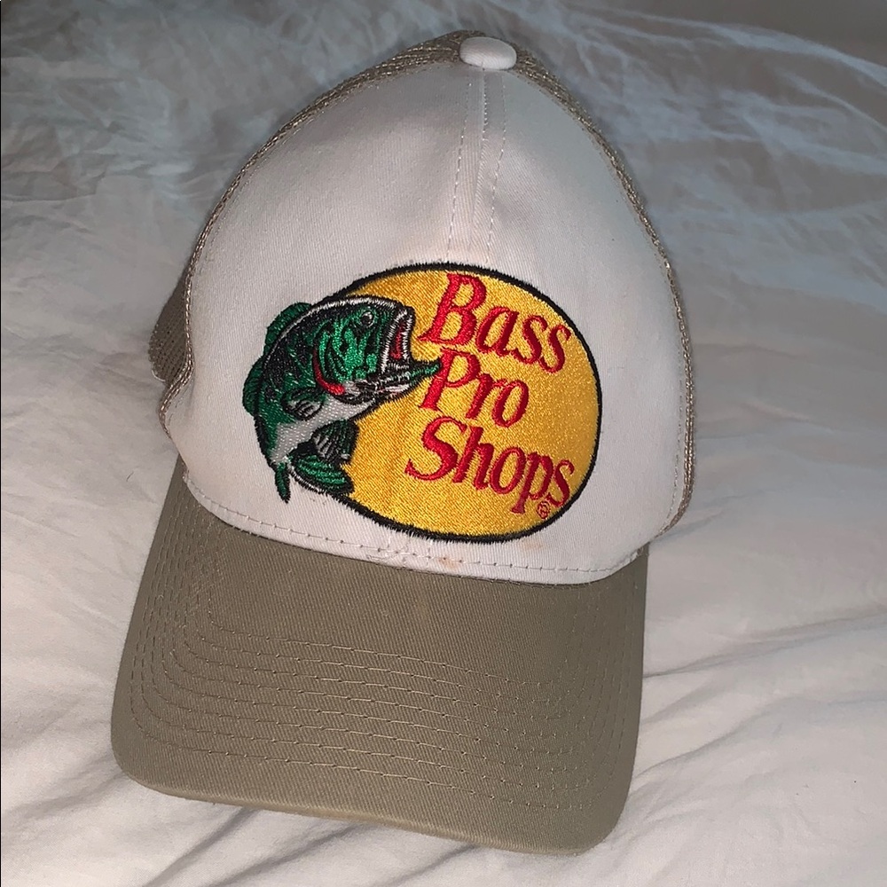 Bass Pro Shops White and Tan Hat with Fish Logo